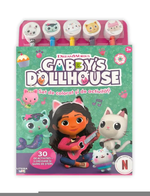 Gabby's Dollhouse. Set de colorat si de activitati. 30 de activitati + 5 creioane si gume de sters - 22.50 Lei