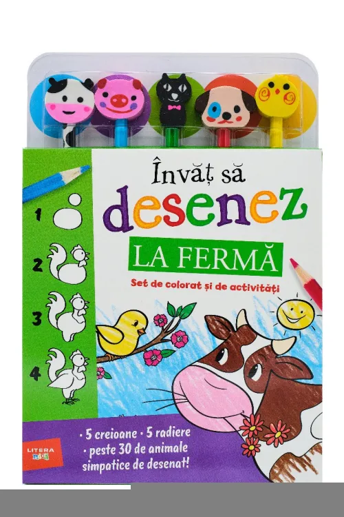 Invat sa desenez. La ferma. Set de colorat si de activitati (contine 5 creioane si 5 radiere) - 32.49 Lei