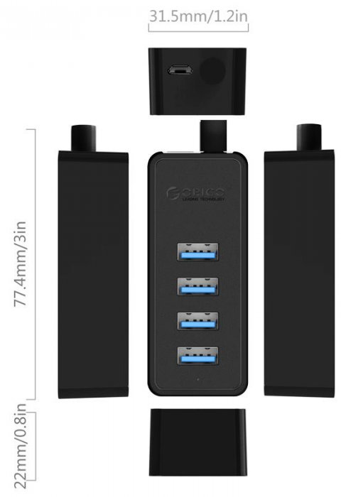 Hub Orico W5P-U3 4 Port USB 3.0 cu cablu de date de 100 cm