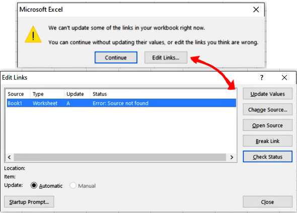 Mesaj de eroare la actualizarea automata a link-urilor in excel - lipsa document