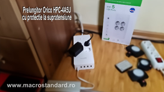 Prezentare prelungitor Orico HPC-4A5U cu protectie la supratensiune, 4 x CEE 7/3/Schuko, 5 x USB