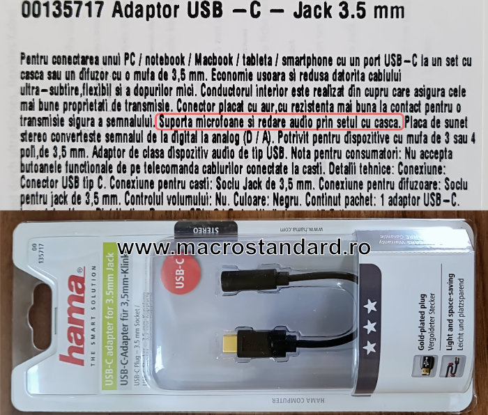 Adaptor audio HAMA 135717, jack 3.5mm - USB Type C