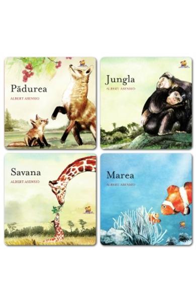 Pachet 4 carti Unde traiesc animalele (Jungla + Marea + Padurea + Savana)