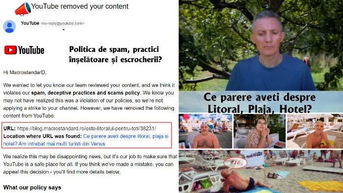 Mesaj primit pe email: YouTube removed your content! ... pentru SPAM?