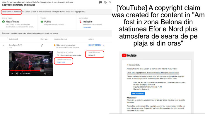 Probleme cu muzica de pe filmele postate pe YouTube - A copyright claim was created for content